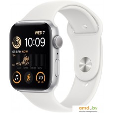 Умные часы Apple Watch SE 2 44 мм (алюминиевый корпус, серебристый/белый, спортивный силиконовый ремешок M/L)