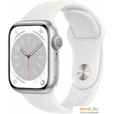 Умные часы Apple Watch Series 8 41 мм (алюминиевый корпус, серебристый/белый, спортивный силиконовый ремешок)