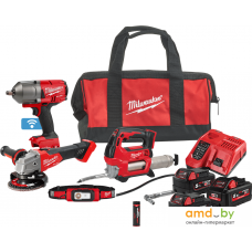 Milwaukee M18 FUEL M18FPP5N-554BEU 4933492526 (гайковерт, смазочный пистолет, угловая шлифмашина, фонарь, 3 АКБ, сумка)