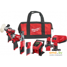 Milwaukee M12 FUEL M12FPP5A-423BEU (шлифмашина, гайковерт, трещотка, фонарь, компрессор, 3 АКБ, сумка)