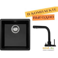 Кухонная мойка Aquasanita Fast SQF 101 + cмеситель Akvaduo 2663 L (черный металлик 601)